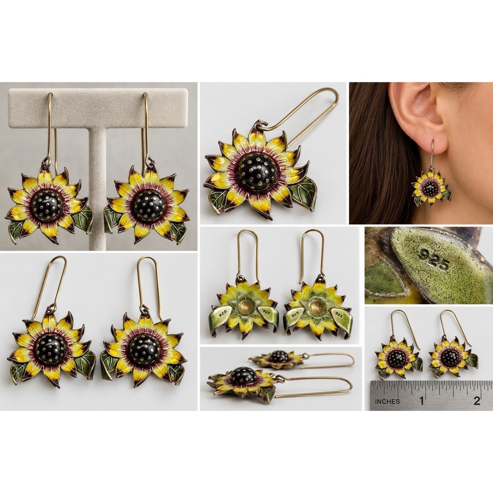 Vintage 925 Sterling Silver Enamel Sunflower Dangle Earrings 1" Floral Artisan